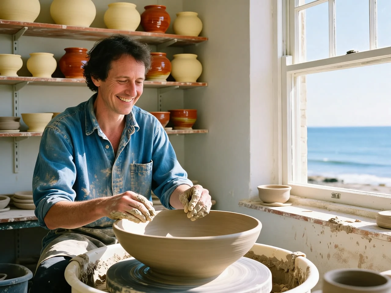 AI-generated lifestyle photo of a potter working in a bright coastal ceramics studio, created with Wan 2.5 Image on RenderFlow AI