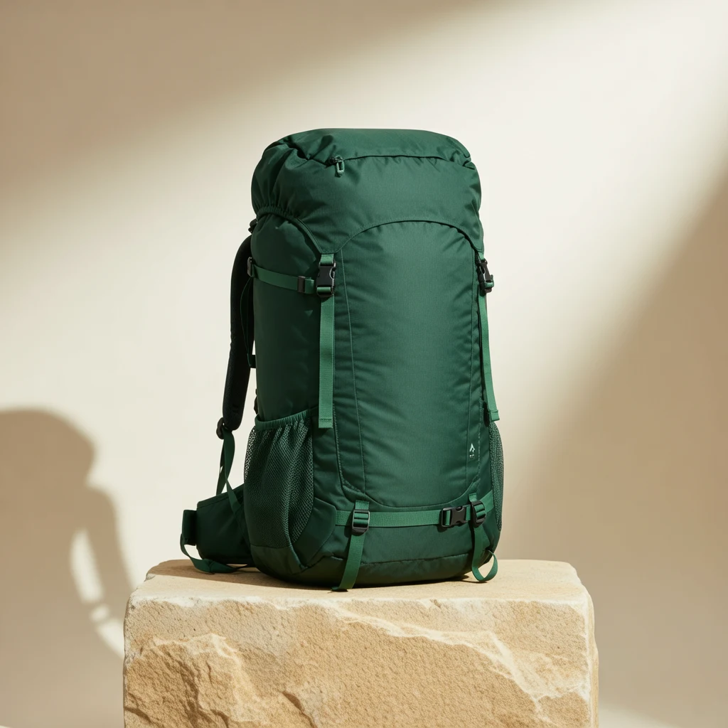 AI-generated product hero of a pine-green hiking backpack on sandstone, created with Wan 2.5 Image on RenderFlow AI