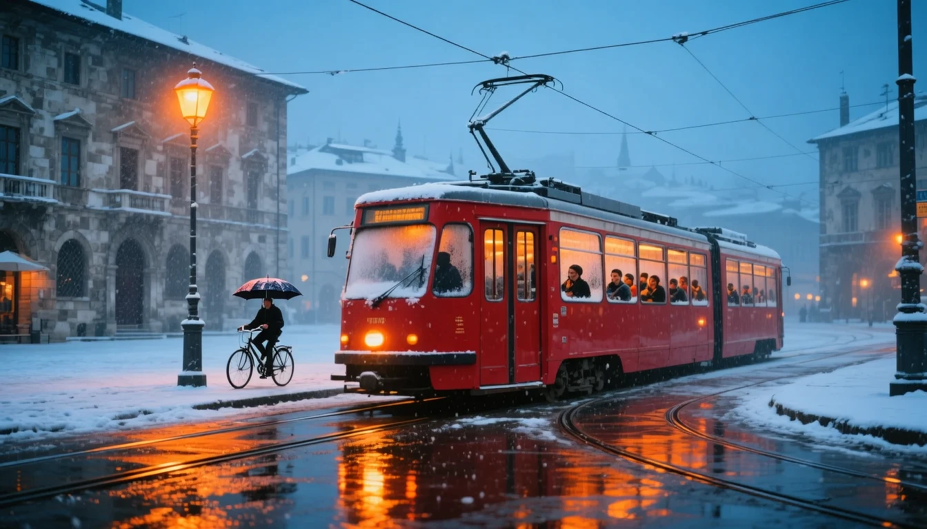 AI-generated cinematic night scene of a red tram crossing a snowy European square, created with Wan 2.5 Image on RenderFlow AI