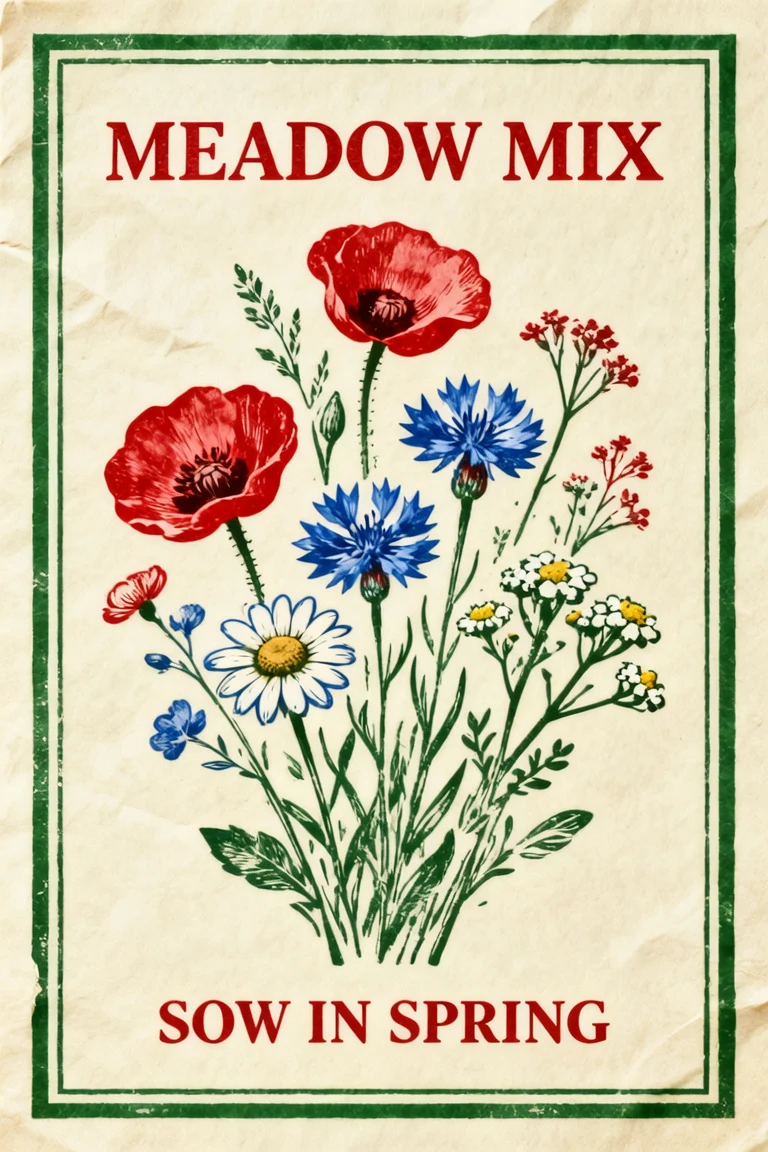 AI-generated vintage wildflower seed packet reading Meadow Mix and Sow in Spring, created with Wan 2.5 Image on RenderFlow AI
