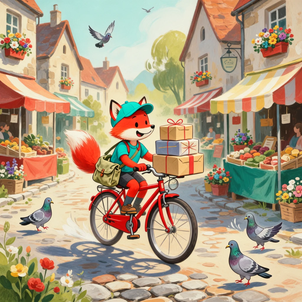 AI-generated children's illustration of a fox bicycle courier carrying parcels through a village, created with Wan 2.5 Image on RenderFlow AI