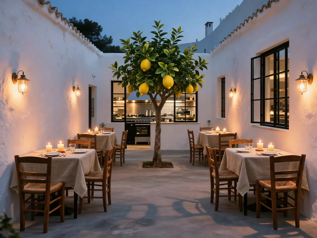 AI-generated evening restaurant courtyard with a lemon tree and candlelit tables, created with Wan 2.5 Image on RenderFlow AI