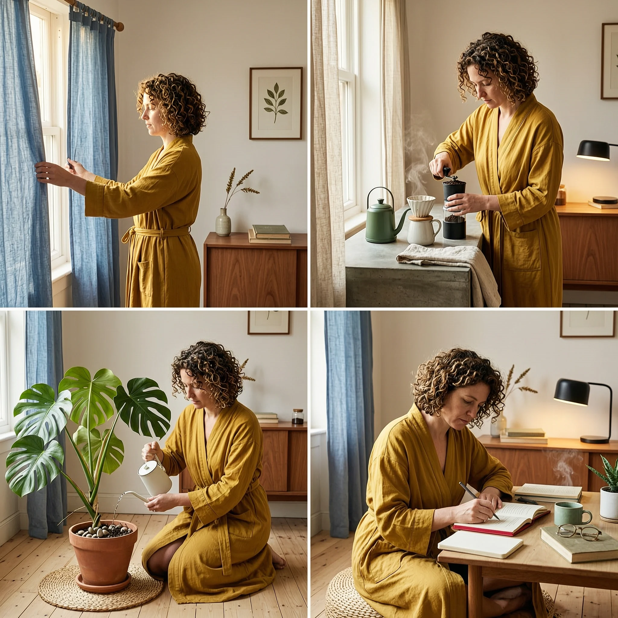 AI-generated four-panel morning routine with the same woman and apartment kept consistent, created with Wan 2.7 Image on RenderFlow AI