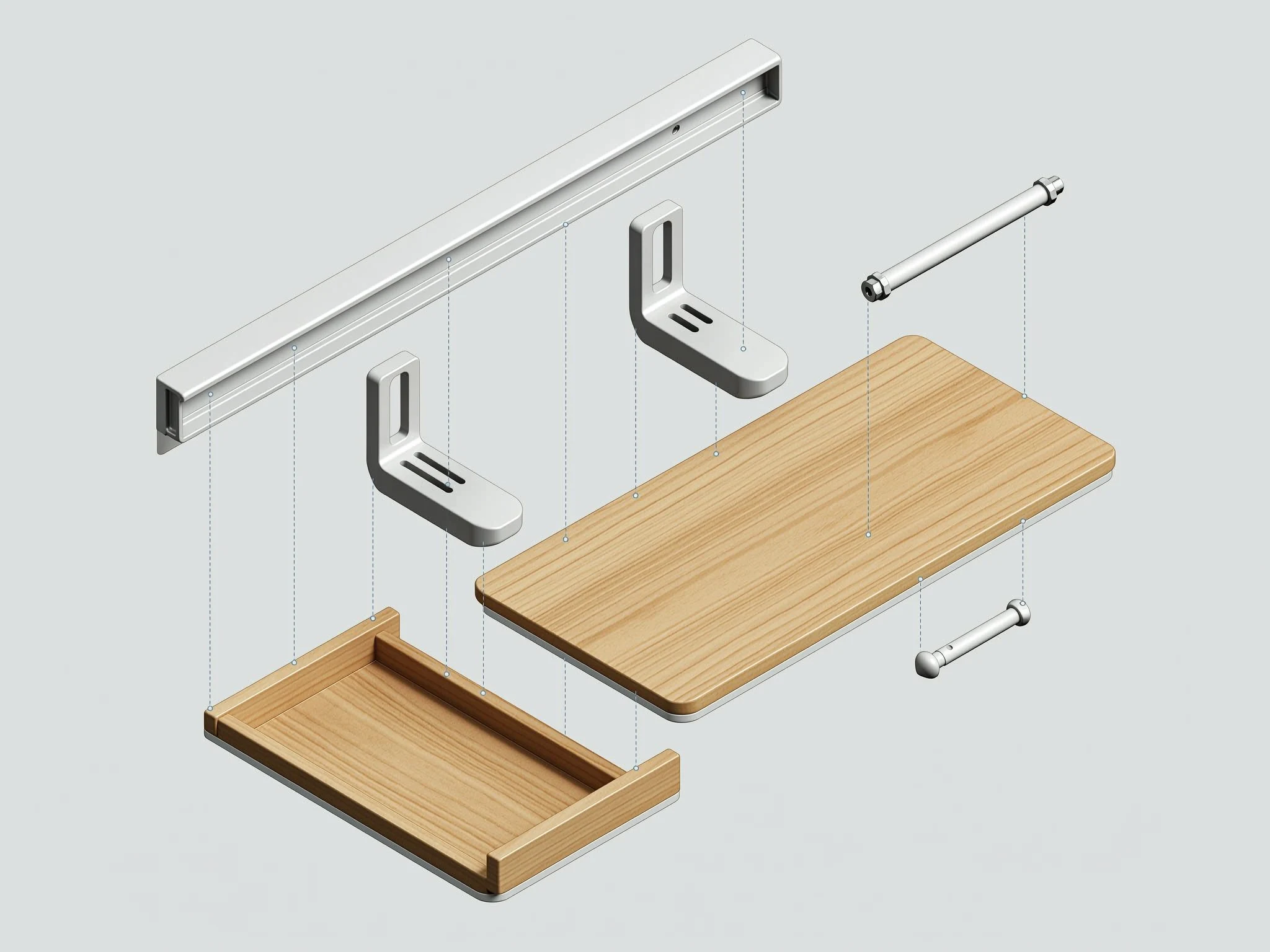 AI-generated exploded-view assembly illustration of a seven-part foldable wall desk, created with Wan 2.7 Image on RenderFlow AI