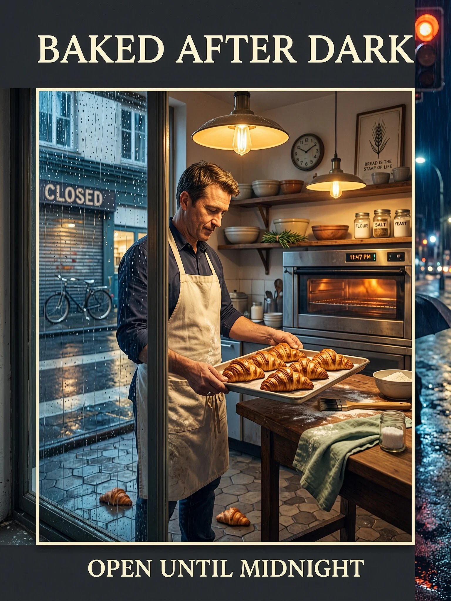 AI-generated bakery poster reading Baked After Dark and Open Until Midnight, created with Wan 2.7 Image on RenderFlow AI