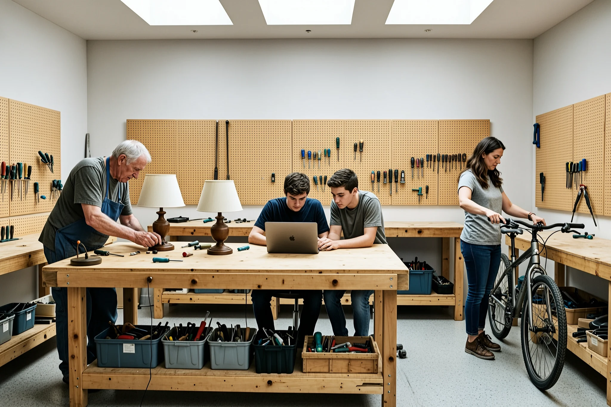AI-generated community repair workshop with separate lamp, laptop, and bicycle workstations, created with Wan 2.7 Image on RenderFlow AI