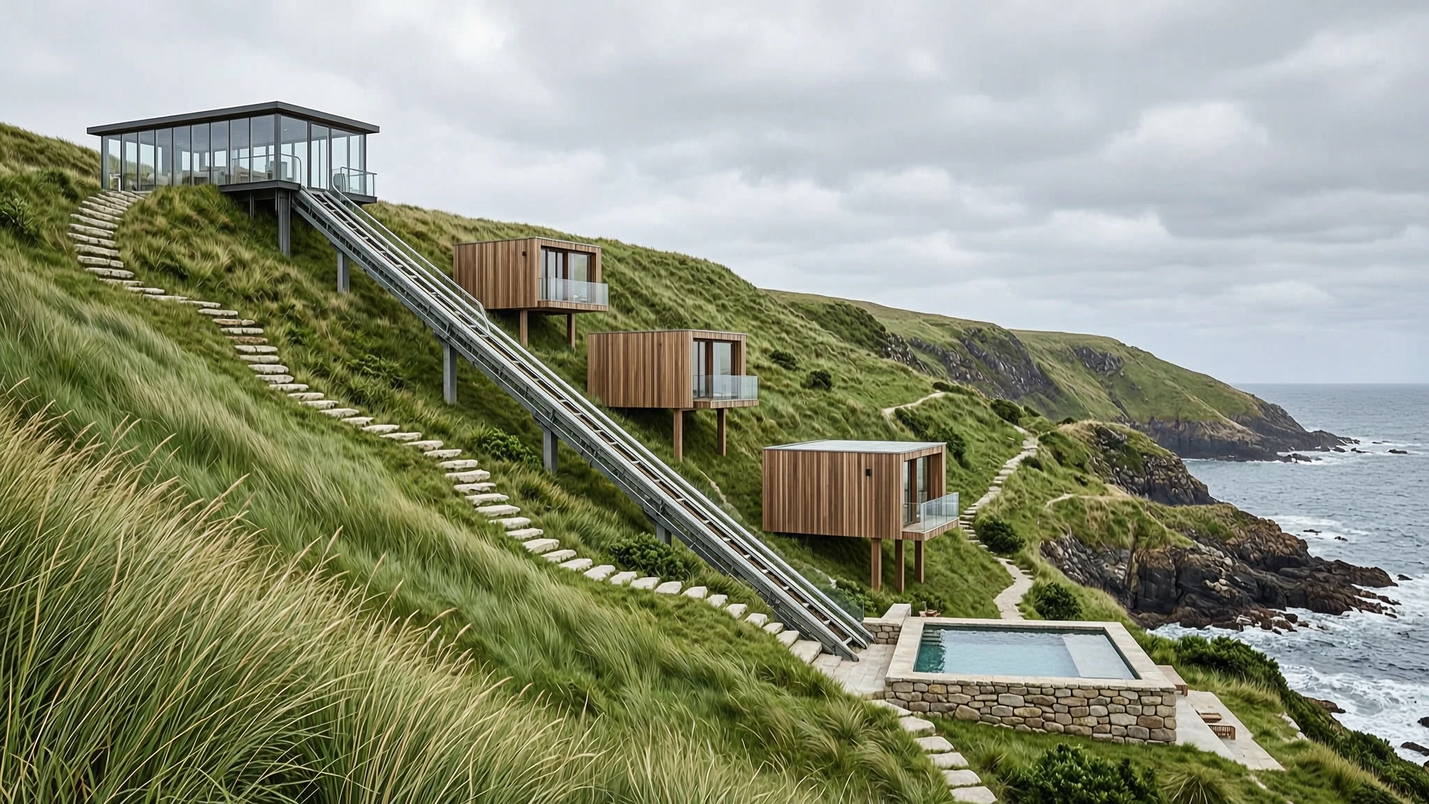 AI-generated wide architectural concept of a cliff resort connected by a funicular railway, created with Wan 2.7 Image on RenderFlow AI
