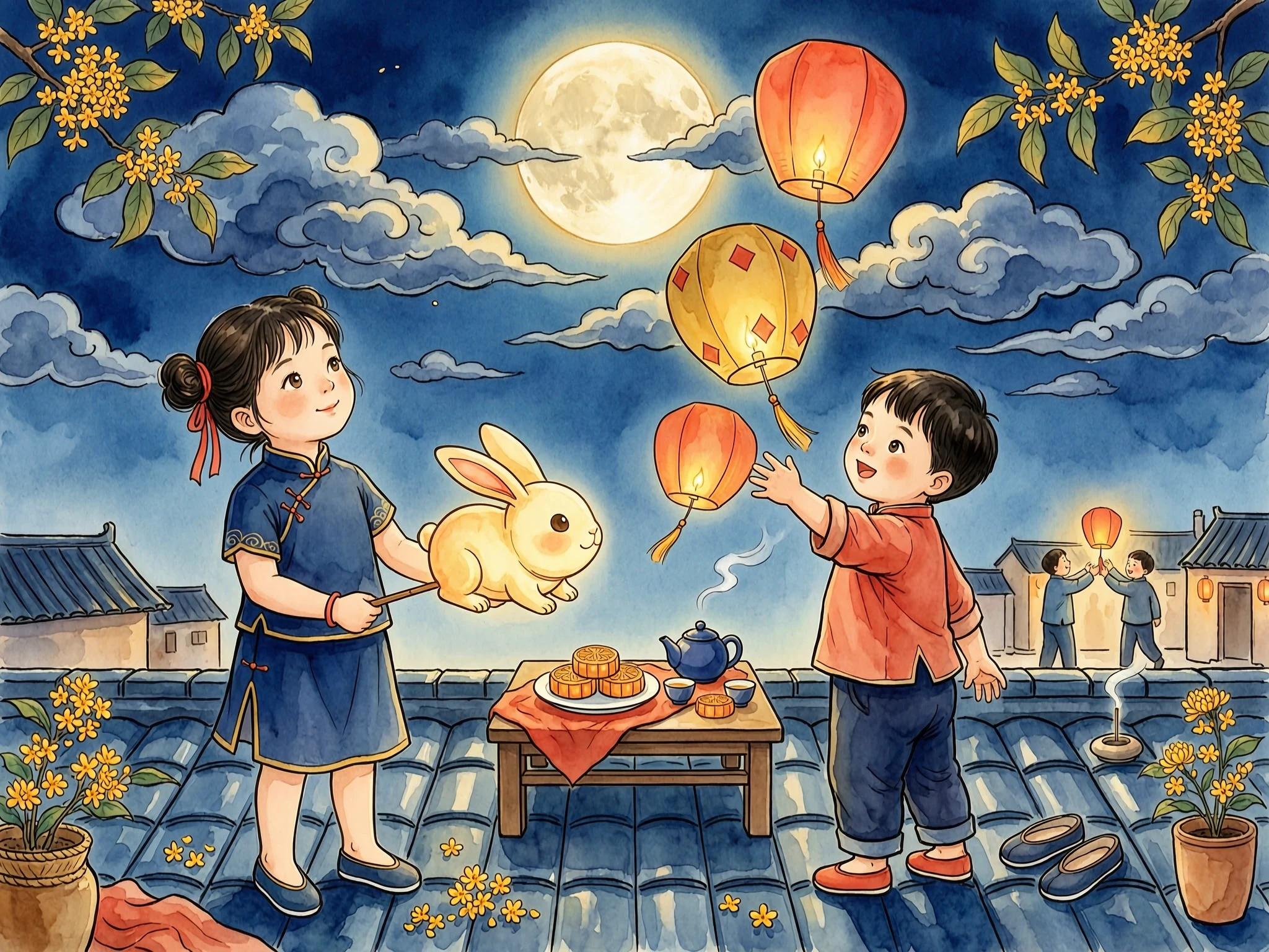 AI-generated storybook scene of two siblings releasing lanterns during a moon festival, created with Wan 2.7 Image on RenderFlow AI
