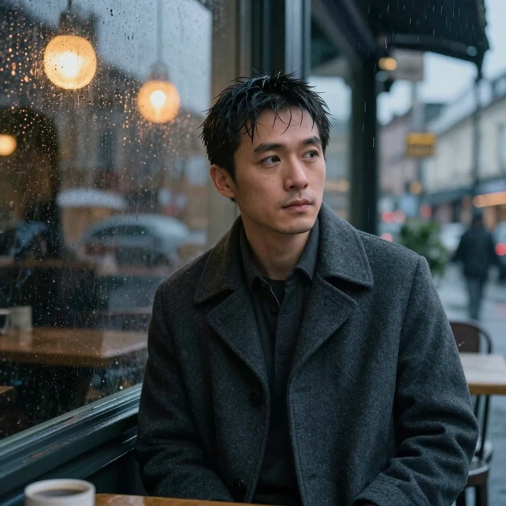 AI-generated cinematic portrait beside a rainy cafe window at blue hour, created with Z Image on RenderFlow AI