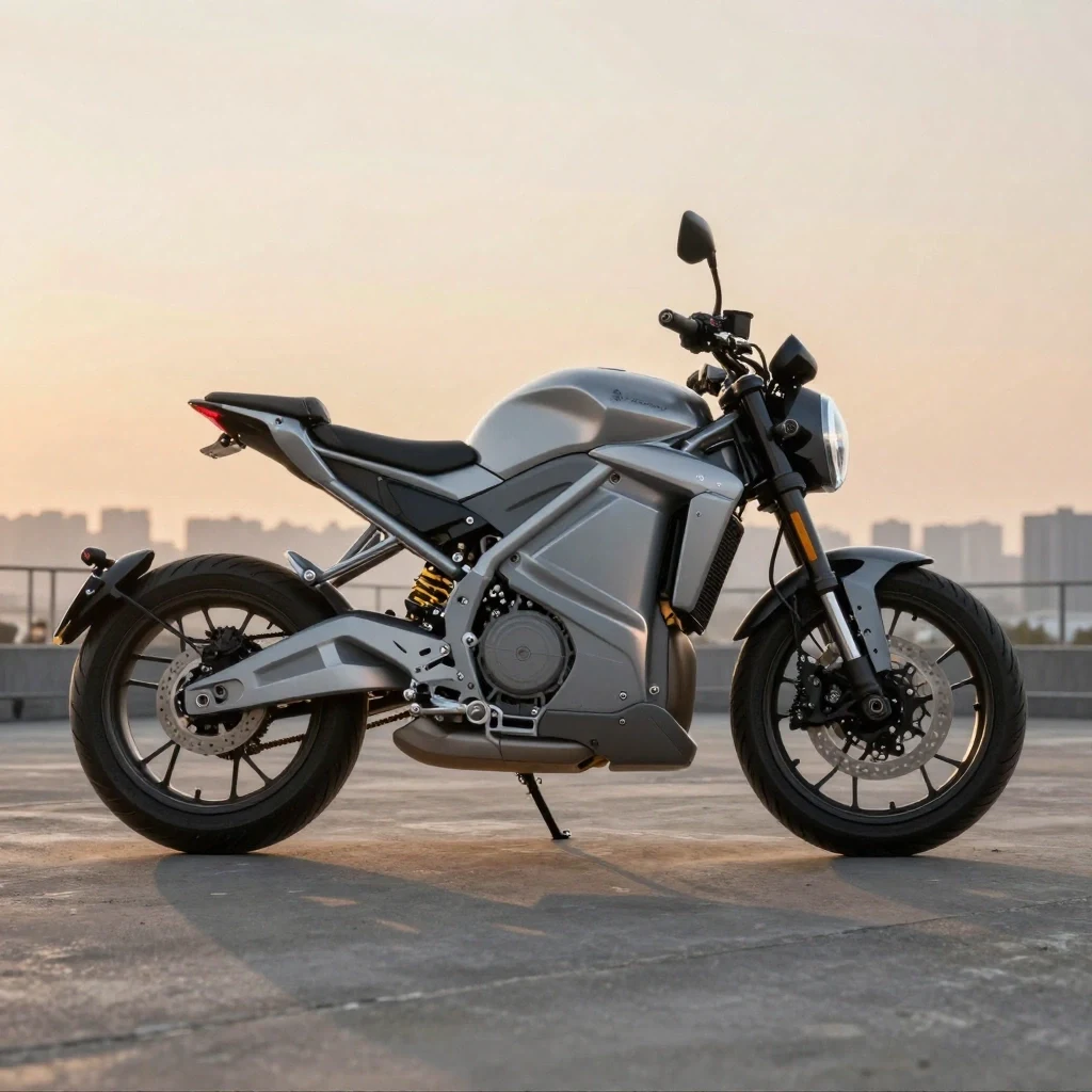 AI-generated dawn campaign photo of a silver electric motorcycle on a concrete overlook, created with Z Image on RenderFlow AI