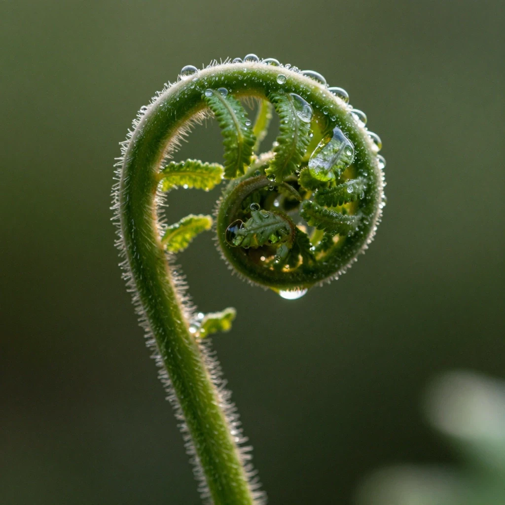 AI-generated macro photograph of dew droplets on a curled fern, created with Z Image on RenderFlow AI