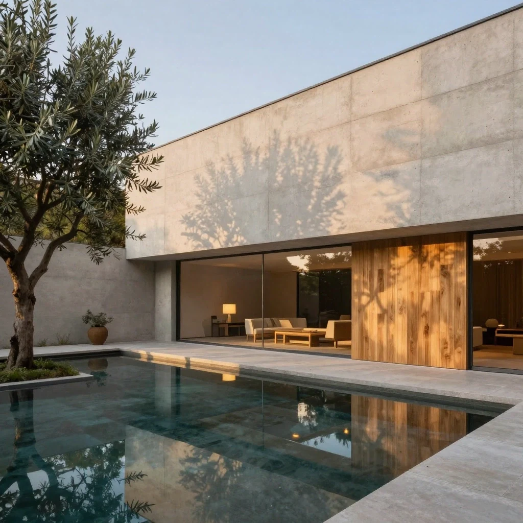 AI-generated architectural photo of a concrete courtyard house with an olive tree and reflecting pool, created with Z Image on RenderFlow AI