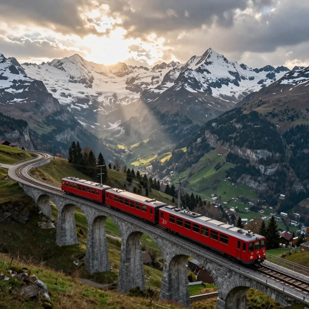AI-generated travel photograph of a red alpine train crossing a stone viaduct, created with Z Image on RenderFlow AI